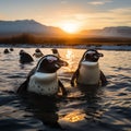 A group of penguins swimming in an icy lake