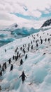 Group penguins traversing a snow-covered field near the icy ocean in the Antarctic