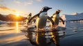 A group of penguins waddling on an icy shore. Royalty Free Stock Photo