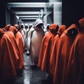 A group of penguins walking down a hallway. Generative AI image.