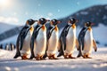 a group of penguins walking in the snow together in a line. ai generative