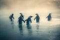 a group of penguins walking in the water together in the fog