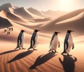 A group of penguins wandering lost in the desert, due to global warming Royalty Free Stock Photo