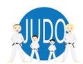 Group of people adults and kids standing infront a bif Blue circle with the word JUDU