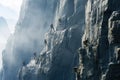 A group of people ascending together up the steep side of a tall mountain, Rock climbers scaling a high, steep mountain, AI