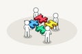 Group of people assembling jigsaw puzzle. Partnership and business solution concept.