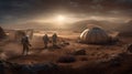 Group of people in astronaut suits on the surface of Mars. In the background, we can see the planet\'s landscape.