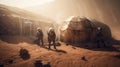 Group of people in astronaut suits on the surface of Mars. In the background, we can see the planet\'s landscape.