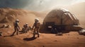 Group of people in astronaut suits on the surface of Mars. In the background, we can see the planet\'s landscape.