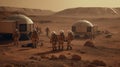 Group of people in astronaut suits on the surface of Mars. In the background, we can see the planet\'s landscape.