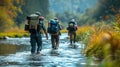 A group of people with backpacks walking across a river, AI Royalty Free Stock Photo