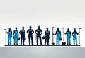 a group of people with blue uniforms and each holding a construction tools Royalty Free Stock Photo