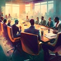 group of people in a boardroom, Business People Communication Office Meeting Room Concept illustration watercolor Royalty Free Stock Photo