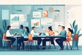 A group of people in business attire sitting around a conference table discussing financial reports, flat illustration Royalty Free Stock Photo