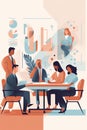 A group of people in business attire sitting around a conference table discussing financial reports, flat illustration Royalty Free Stock Photo