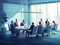 A group of people in business attire sitting around a conference table discussing financial reports, flat illustration Royalty Free Stock Photo