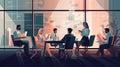 A group of people in business attire sitting around a conference table discussing financial reports, flat illustration Royalty Free Stock Photo