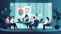 A group of people in business attire sitting around a conference table discussing financial reports, flat illustration Royalty Free Stock Photo