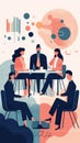 A group of people in business attire sitting around a conference table discussing financial reports, flat illustration Royalty Free Stock Photo