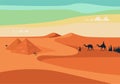 Group of People with Camels Caravan Riding in Realistic Wide Desert Sands in Egypt. Editable Vector Illustration Royalty Free Stock Photo