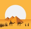 Group of People with Camels Caravan Riding in Realistic Wide Desert Sands in Middle East. Editable Vector Illustration Royalty Free Stock Photo