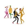 Group of people in carnival costumes. Jungle masquerade. Panter, flamingo, pineapple, toucan. Vector design for