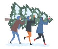 Group of People Carrying Christmas Tree Together Preparing for Holiday Celebration Cartoon Style Vector Illustration Royalty Free Stock Photo