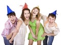 Group of people celebrate birthday. Isolated. Royalty Free Stock Photo