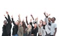 Casual group of excited friends with arms up isolated on white Royalty Free Stock Photo