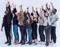 Casual group of excited friends with arms up isolated on white Royalty Free Stock Photo