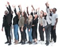 Casual group of excited friends with arms up isolated on white Royalty Free Stock Photo