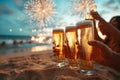 A group of people are celebrating on the beach with three glasses of beer Royalty Free Stock Photo