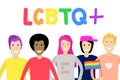 A group of people Celebrating gay people rights. Rainbow flag and symbols. Same-sex love. LGBT. LGBTQ. Vector Illustration
