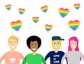 A group of people Celebrating gay people rights. Rainbow hearts. Same-sex love. LGBT. LGBTQ. Vector Illustration