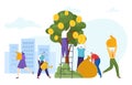 Group people character together stock financial, investor stand ladder gold coin tree, share market flat vector