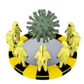 Group of people in chemical protective suits surrounded the coronavirus bacterium