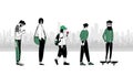 A group of people in the city.People on the background of a panorama of city buildings.Concept of urbanization.vector