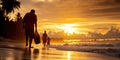 group of people cleaning beach at sunset, creating serene and purposeful scene Royalty Free Stock Photo