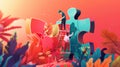 A group of people collaborate to connect puzzle pieces symbolizing teamwork unity problemsolving collaboration and success