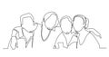 Group of people continuous one line drawing. Family, friends hand drawn characters.. Women and men waiting in queue.