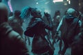 Group of people dancing in a cyberpunk city. Cyberpunk girls dancing and having fun in a nightclub at a concert during