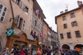 Group of people demonstrating against the state oppression of health pass and vacination on the public in Annecy, France