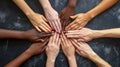 A group of people with different colored hands forming a circle, AI Royalty Free Stock Photo