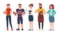 Group of people of different job professions. Courier, american football player, teacher, barista and journalist.