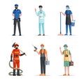 Group of people of different professions. Police officer, doctor, scientist, janitor, fireman, repairman, and traveler.