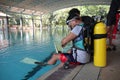 A group of people doing diving training in a swimming pool Royalty Free Stock Photo