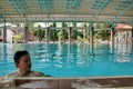 A group of people doing diving training in a swimming pool Royalty Free Stock Photo