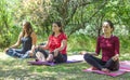 Group of people doing yoga exercise in the park, womans relaxing in the park