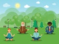 Group of people doing yoga lotus asana outdoor in summer park. Fitness and health lifestyle for all vector illustration