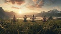 group of people doing yoga in the nature, yoga time in the naturre, people relaxing in the nature Royalty Free Stock Photo